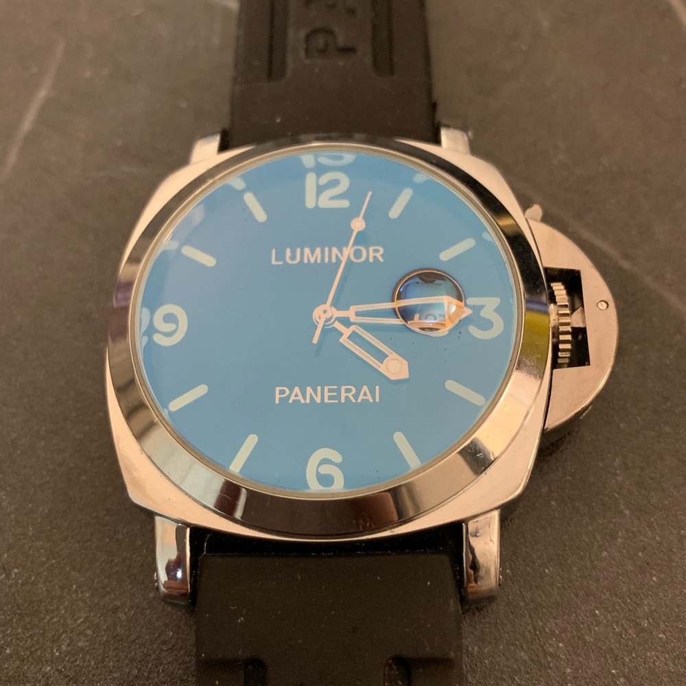 Panerai Luminor Automatic Watch with Sky Blue Dial and Black Strap. Not running!